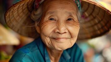 ai generiert Alten asiatisch Frau lächelnd herzlich, tragen ein traditionell konisch Hut, Darstellen kulturell Vielfalt und das Schönheit von Altern foto