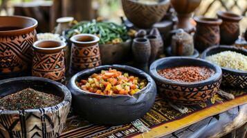 ai generiert traditionell afrikanisch Küche Konfiguration mit ein Sortiment von Geschirr vorgestellt im handgemacht Schalen auf ein bunt gewebte Tuch, Hervorheben beschwingt Essen Kultur foto