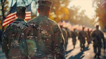 ai generiert uniformiert Soldaten marschieren mit uns Flaggen während ein patriotisch Veteranen Tag Parade, reflektieren Militär- Bedienung und National Stolz, von hinten beleuchtet durch das golden Stunde Sonne foto