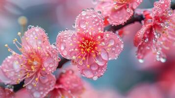 ai generiert schließen oben Schuss von Tau geküsst Pflaume blühen im früh Frühling foto