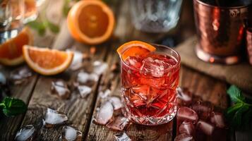 ai generiert schließen oben Aussicht von Negroni Cocktail Zutaten auf ein hölzern Tabelle foto