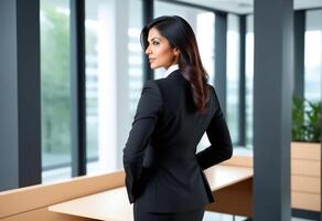 ai generiert zuversichtlich Geschäftsfrau im ein schwarz passen suchen Über ihr Schulter im ein modern Büro, symbolisieren Führung und Damen Gleichberechtigung Tag foto