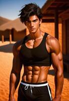 ai generiert Digital Illustration von ein muskulös, Braun gebrannt männlich Modell- im Sportbekleidung posieren selbstbewusst im ein Wüste Einstellung, hervorrufen Themen von Fitness, Stärke, und Sommer- foto