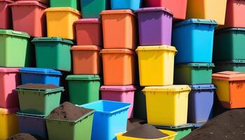 ai generiert beschwingt multi farbig Plastik Behälter gestapelt draußen, konzeptionell Ideal zum Organisation, Frühling Reinigung, und Recycling Initiativen foto