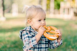 wenig Mädchen knabbert ein groß Bagel halten es mit beide Hände auf ein Grün Rasen foto