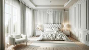 ai generiert ein schick und still Schlafzimmer im ein modern Wohnung, gestylt im überwiegend Weiß Töne. das Zimmer Eigenschaften ein luxuriös Bett mit Sanft foto