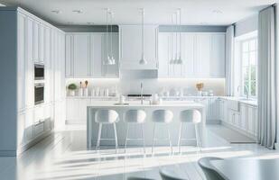 ai generiert ein hell und Weiß Küche Design im ein modern heim. das Küche Eigenschaften Weiß Möbel mit sauber, glatt Linien, Erstellen ein frisch und luftig Gefühl foto