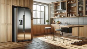 ai generiert Innere von ein modern Küche mit ein rostfrei Stahl Kühlschrank und hölzern Schränke, mit ein Zähler durch das Fenster foto