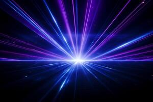 ai generiert Blau und violett Balken von hell Laser- Licht leuchtenden auf schwarz Hintergrund foto