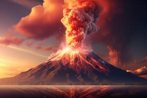 ai generiert Vulkan Eruption im das Himmel mit Wolken Szene beim tagsüber foto