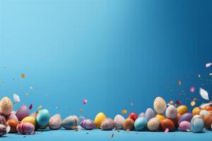 ai generiert Ostern Banner Hintergrund mit farbenfroh dekorativ Eier, Sanft klein Gefieder auf Blau Hintergrund foto