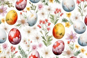 ai generiert Ostern Ei nahtlos Muster auf Weiß Hintergrund. Aquarell bunt Eier, Frühling Blumen, und Laub. Urlaub drucken foto