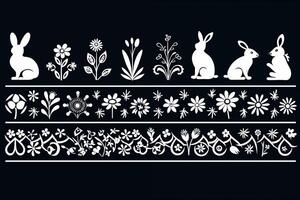 ai generiert Ostern Silhouette Grenzen mit Hase, Eier und Blumen. Frühling Wiese Ornament zum traditionell Ostern Dekoration. Hase Muster einstellen foto