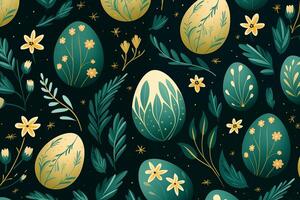 ai generiert Grün Ostern Eier, Blätter und Blumen. nahtlos festlich Frühling Muster. glücklich und positiv Verpackung oder Hintergrund zum Ihre Urlaub Waren foto