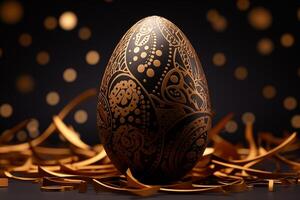 ai generiert fallen Luxus golden 3d Ostern Ei mit Muster auf schwarz Hintergrund. 3d Rendern glücklich Ostern Luxus Hintergrund mit golden und schwarz Eier foto