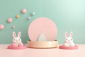 ai generiert glücklich Ostern Banner Design 3d Eier mit Hase Ohren auf Zylinder Podeste minimal Szene foto