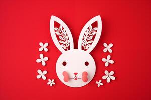 ai generiert glücklich Ostern Gruß Karte mit Weiß Papier Schnitt Ostern Hase Ohren isoliert auf ein rot Hintergrund foto