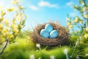 ai generiert Nest mit Ostern Eier im Gras auf ein sonnig Frühling Tag - - Ostern Dekoration, Banner, Panorama, Hintergrund foto