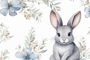 ai generiert Aquarell nahtlos Ostern Muster mit Eukalyptus, Blumen, Bogen, Hasen. isoliert auf Weiß Hintergrund. Hand gezeichnet Clip Art. perfekt zum Karte, Textil, Stichworte, Einladung, Drucken foto