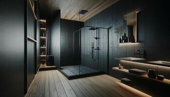 ai generiert stilvoll dunkel Badezimmer Innere mit ein groß Dusche, vorbildlich modern Minimalismus. das Dominant Farbe planen foto