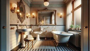 ai generiert ein retro Badezimmer mit ein authentisch Innere Design, abgebildet im ein fotorealistisch Stil. das Badezimmer Eigenschaften klassisch Elemente von das Mitte des 20. Jahrhunderts foto