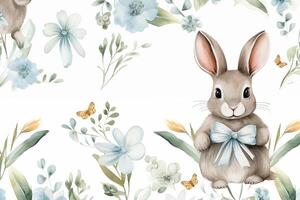 ai generiert Aquarell nahtlos Ostern Muster mit Eukalyptus, Blumen, Bogen, Hasen. isoliert auf Weiß Hintergrund. Hand gezeichnet Clip Art. perfekt zum Karte, Textil, Stichworte, Einladung, Drucken foto