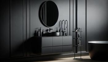 ai generiert Nahansicht Aussicht von modern schwarz Badezimmer Möbel hängend auf ein dunkel Mauer. das Möbel beinhaltet Zubehör und ein Oval Spiegel foto