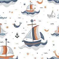 ai generiert nahtlos Muster mit Boote, Meerjungfrauen, und Segelboote auf Weiß Hintergrund foto
