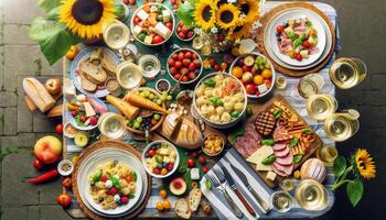 ai generiert von oben nach unten Aussicht von ein 'Feierabend' Mittagessen Szene, mit frisch Pasta Salate, gegrillt Fleisch, Käse, Früchte, und Weiß Wein, im ein festlich draussen Rahmen foto