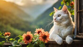 ai generiert Weiß Katze Sitzung auf ein Balkon mit Blume Reben Über suchen das Berg foto