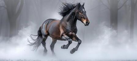 ai generiert majestätisch Pferd tänzelnd frei im ein geräumig öffnen Feld unter das klar Blau Himmel foto