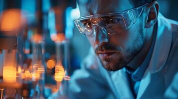 ai generiert konzentriert männlich Wissenschaftler im Sicherheit Brille Dirigieren Experimente im ein Labor mit Blau Beleuchtung, präsentieren Innovation und Forschung. foto
