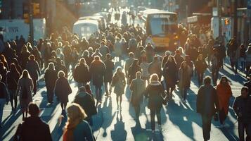 ai generiert anonym Menge von Menschen Gehen auf Stadt Straße. Bevölkerung, Person, Gruppe, Sozial, Gesellschaft, gehen, arbeiten, Geschäft, beschäftigt, eilen Stunde foto