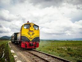 das Zug läuft Vergangenheit das Eisenbahn gelegen im das Mitte von Reis Felder mit dick Wolken hinter foto