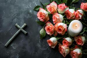 ai generiert Rosen und Kerze und Kreuz auf dunkel Hintergrund foto