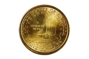 Schwanz Seite von sacagawea uns Gold Münze auf Weiß Hintergrund foto