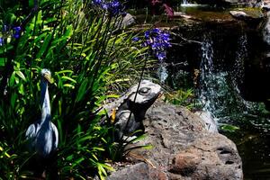 Frosch und Vogel Garten Ornament in der Nähe von Teich Brunnen foto