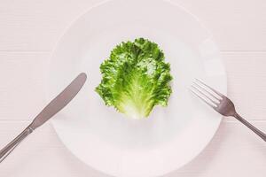 Blatt Grüner Salat auf Weiß Teller mit Gabel und Messer, oben Aussicht auf hölzern Tabelle foto