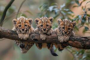 ai generiert Gepard Baby Gruppe von Tiere hängend aus auf ein Zweig, Niedlich, lächelnd, bezaubernd foto