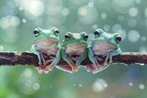 ai generiert Frosch Baby Gruppe von Tiere hängend aus auf ein Zweig, Niedlich, lächelnd, bezaubernd foto