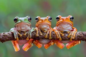 ai generiert Frosch Baby Gruppe von Tiere hängend aus auf ein Zweig, Niedlich, lächelnd, bezaubernd foto