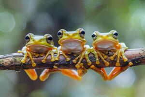 ai generiert Frosch Baby Gruppe von Tiere hängend aus auf ein Zweig, Niedlich, lächelnd, bezaubernd foto