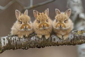 ai generiert Hase Baby Gruppe von Tiere hängend aus auf ein Zweig, Niedlich, lächelnd, bezaubernd foto