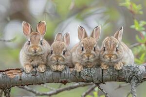 ai generiert Hase Baby Gruppe von Tiere hängend aus auf ein Zweig, Niedlich, lächelnd, bezaubernd foto