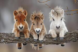 ai generiert Pferd Baby Gruppe von Tiere hängend aus auf ein Zweig, Niedlich, lächelnd, bezaubernd foto