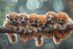 ai generiert Lemur Baby Gruppe von Tiere hängend aus auf ein Zweig, Niedlich, lächelnd, bezaubernd foto