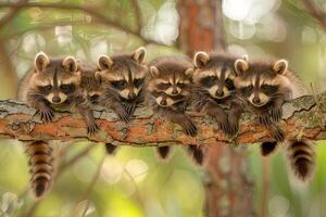 ai generiert Waschbär Baby Gruppe von Tiere hängend aus auf ein Zweig, Niedlich, lächelnd, bezaubernd foto