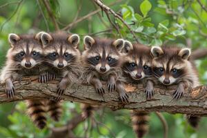 ai generiert Waschbär Baby Gruppe von Tiere hängend aus auf ein Zweig, Niedlich, lächelnd, bezaubernd foto