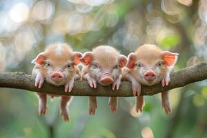 ai generiert Schwein Baby Gruppe von Tiere hängend aus auf ein Zweig, Niedlich, lächelnd, bezaubernd foto