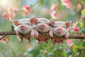 ai generiert Schwein Baby Gruppe von Tiere hängend aus auf ein Zweig, Niedlich, lächelnd, bezaubernd foto